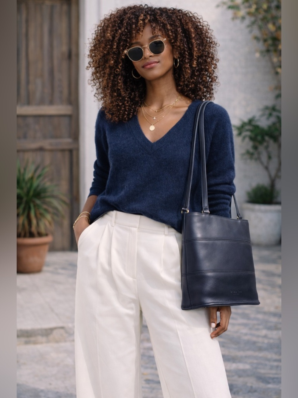 Coach Navy Blue Leather Tote Shoulder Bag Classic Minimalist